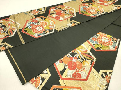 平和屋着物◎六通柄　本袋帯　亀甲花蝶文　黒地　金糸　正絹　逸品　DABF0823ya