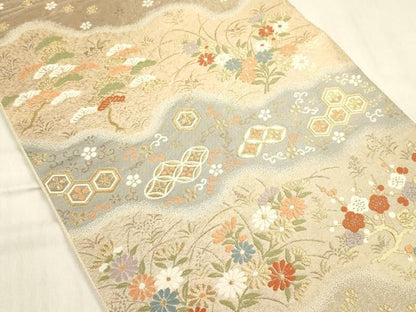 平和屋着物◎西陣　服部織物謹製　六通柄袋帯　唐織　道長花文　金糸　正絹　逸品　DABF0824ya