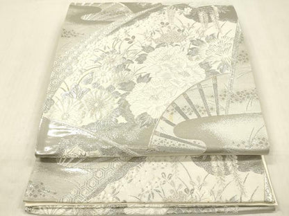 平和屋着物◎六通柄袋帯　唐織　扇面花文　銀糸　正絹　逸品　DABF0826ya