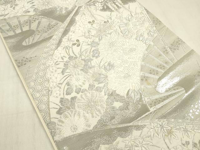 平和屋着物◎六通柄袋帯　唐織　扇面花文　銀糸　正絹　逸品　DABF0826ya