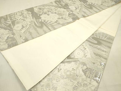 平和屋着物◎六通柄袋帯　唐織　扇面花文　銀糸　正絹　逸品　DABF0826ya
