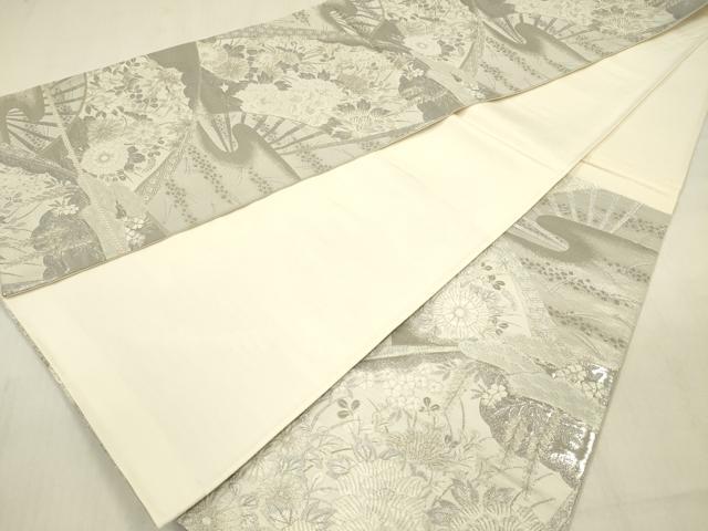 平和屋着物◎六通柄袋帯　唐織　扇面花文　銀糸　正絹　逸品　DABF0826ya