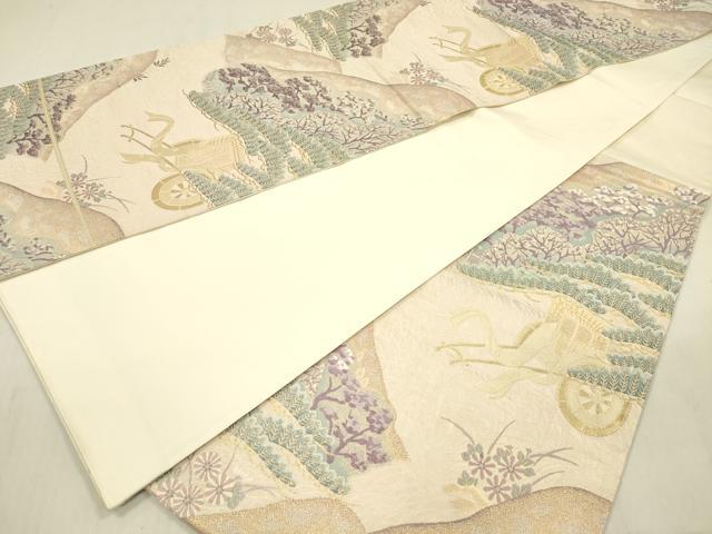 平和屋着物◎六通柄袋帯　唐織　御所車草木文　金糸　正絹　逸品　DABF0827ya