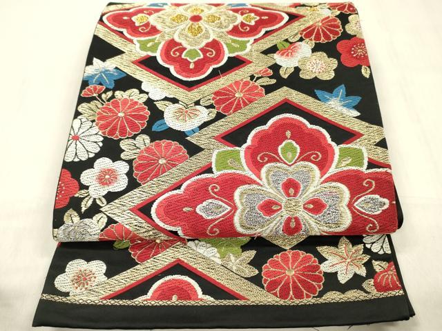 平和屋着物◎六通柄袋帯　正倉院花文　黒地　金銀糸　正絹　逸品　DABF0828ya