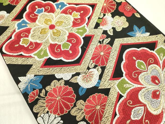 平和屋着物◎六通柄袋帯　正倉院花文　黒地　金銀糸　正絹　逸品　DABF0828ya