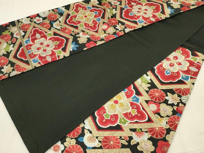 平和屋着物◎六通柄袋帯　正倉院花文　黒地　金銀糸　正絹　逸品　DABF0828ya
