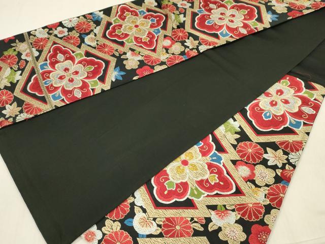 平和屋着物◎六通柄袋帯　正倉院花文　黒地　金銀糸　正絹　逸品　DABF0828ya