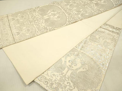 平和屋着物◎六通柄袋帯　花鳥文　銀糸　正絹　逸品　DABF0837ya