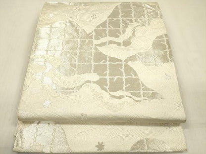 平和屋着物◎六通柄袋帯　遠山文　銀糸　正絹　逸品　DABF0840ya