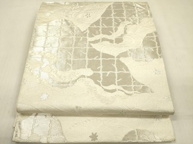 平和屋着物◎六通柄袋帯　遠山文　銀糸　正絹　逸品　DABF0840ya