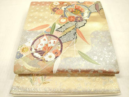 平和屋着物◎全通柄袋帯 唐織 花蝶丸文 金糸 正絹 逸品 DABF0848ya