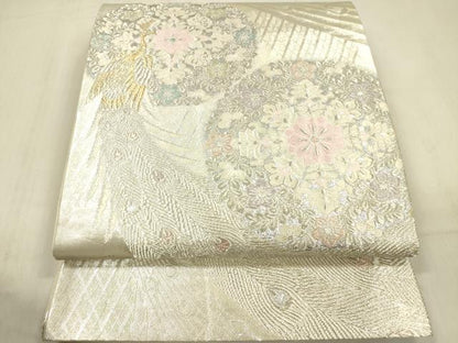 平和屋着物◎六通柄袋帯　孔雀花文　金銀糸　正絹　逸品　DABF0850ya