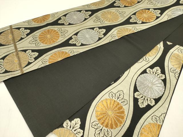 平和屋着物◎六通柄　本袋帯　立涌菊文　黒地　金銀糸　正絹　逸品　DABF0854ya