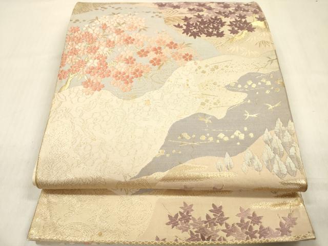 平和屋着物◎六通柄袋帯　唐織　遠山花文　金糸　正絹　逸品　DABF0857ya