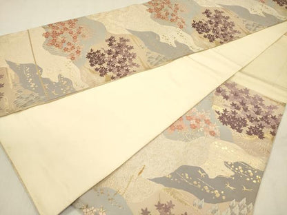 平和屋着物◎六通柄袋帯　唐織　遠山花文　金糸　正絹　逸品　DABF0857ya