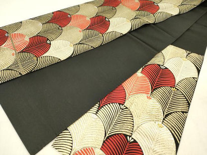 平和屋着物◎六通柄袋帯 松葉文 黒地 金糸 正絹 逸品 DABF0867ya