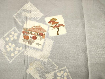 平和屋着物■訪問着　絞り　色紙風景花文　金彩　正絹　逸品　DABF0912ya