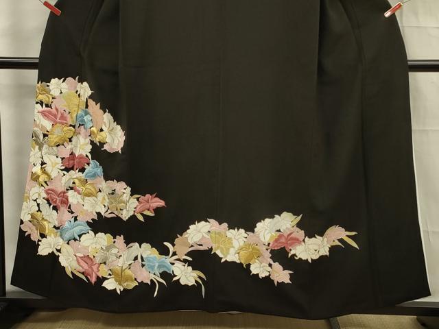 平和屋着物■豪華黒留袖　刺繍　草花文　金銀糸　正絹　逸品　DABF0927ya