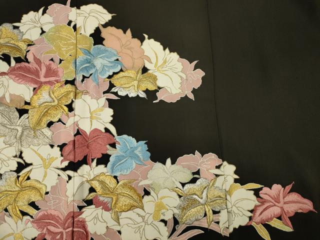 平和屋着物■豪華黒留袖　刺繍　草花文　金銀糸　正絹　逸品　DABF0927ya