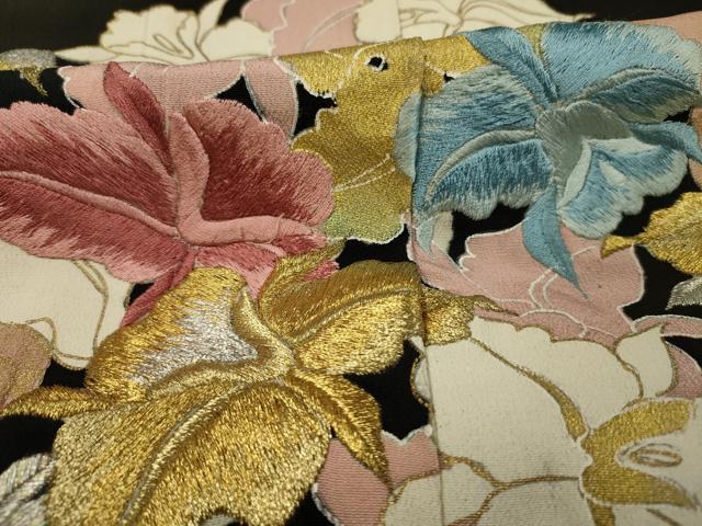 平和屋着物■豪華黒留袖　刺繍　草花文　金銀糸　正絹　逸品　DABF0927ya