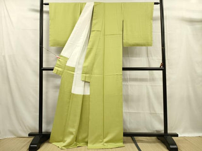平和屋着物■上質な色無地　紗綾形地紋　若苗色　正絹　逸品　DABF0936ya