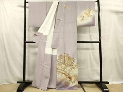 平和屋着物■訪問着　作家物　渡橋風景花文　暈し染め　金彩　正絹　逸品　DABF0941ya