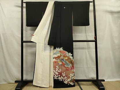 平和屋着物■豪華黒留袖　駒刺繍　地紙孔雀花文　暈し染め　金彩　正絹　逸品　DABF0954ya