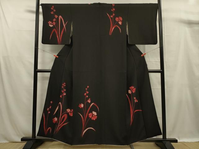 平和屋着物■訪問着　草花文　黒地　正絹　逸品　DABF0955ya