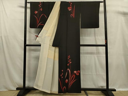 平和屋着物■訪問着　草花文　黒地　正絹　逸品　DABF0955ya