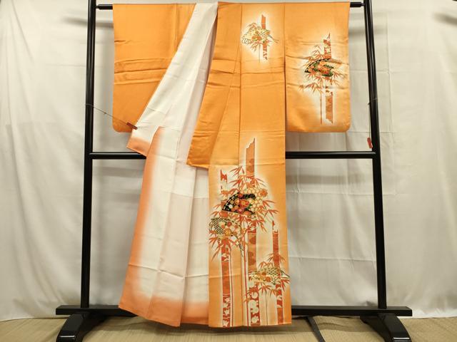 平和屋着物■訪問着　駒刺繍　扇面花文　笹竹　暈し染め　金彩　正絹　逸品　DABF0960ya