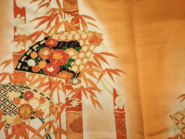 平和屋着物■訪問着　駒刺繍　扇面花文　笹竹　暈し染め　金彩　正絹　逸品　DABF0960ya