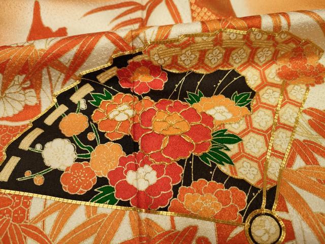 平和屋着物■訪問着　駒刺繍　扇面花文　笹竹　暈し染め　金彩　正絹　逸品　DABF0960ya