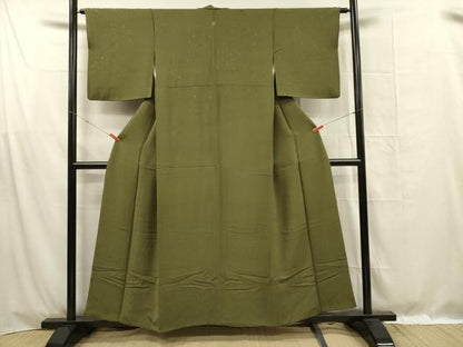 平和屋着物■上質な色無地　箔散らし地紋　草色　正絹　逸品　DABF0970ya
