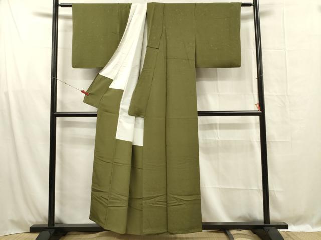 平和屋着物■上質な色無地　箔散らし地紋　草色　正絹　逸品　DABF0970ya