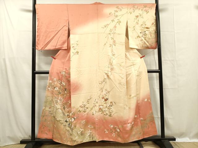平和屋着物■訪問着　駒刺繍　エ霞草花文　スパンコール　暈し染め　金彩　正絹　逸品　DABF0976ya