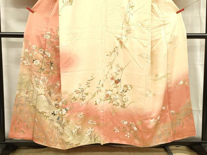 平和屋着物■訪問着　駒刺繍　エ霞草花文　スパンコール　暈し染め　金彩　正絹　逸品　DABF0976ya