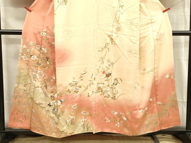平和屋着物■訪問着　駒刺繍　エ霞草花文　スパンコール　暈し染め　金彩　正絹　逸品　DABF0976ya