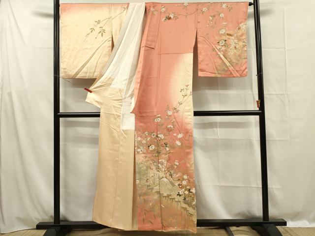 平和屋着物■訪問着　駒刺繍　エ霞草花文　スパンコール　暈し染め　金彩　正絹　逸品　DABF0976ya