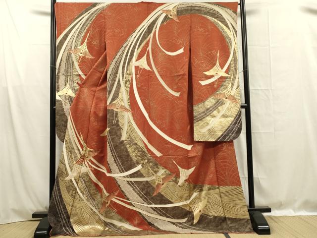 平和屋着物■豪華振袖　駒刺繍　飛鶴文　金彩　正絹　逸品　DABF0995ya