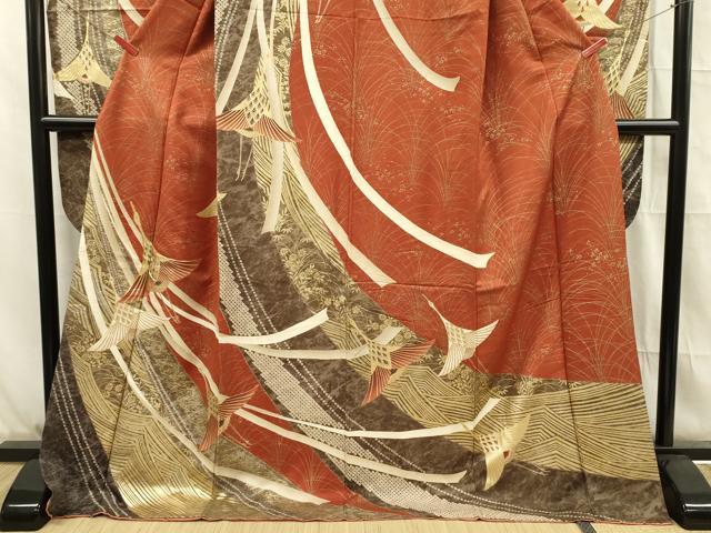 平和屋着物■豪華振袖　駒刺繍　飛鶴文　金彩　正絹　逸品　DABF0995ya