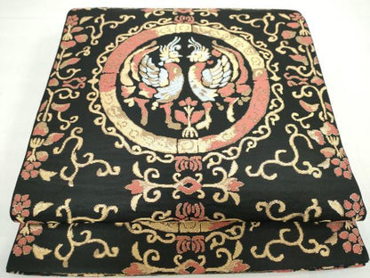 平和屋着物◎六通柄　本袋帯　向かい鳥草花文　黒地　金糸　正絹　逸品　DABF1004ud