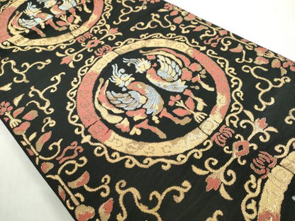 平和屋着物◎六通柄　本袋帯　向かい鳥草花文　黒地　金糸　正絹　逸品　DABF1004ud