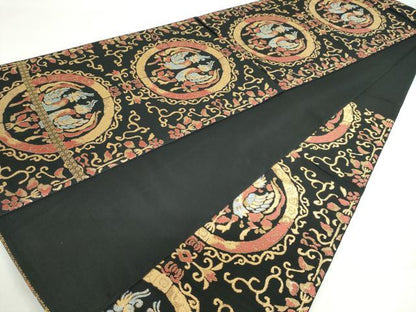 平和屋着物◎六通柄　本袋帯　向かい鳥草花文　黒地　金糸　正絹　逸品　DABF1004ud