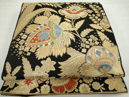平和屋着物◎六通柄 本袋帯 洋花文 黒地 金糸 正絹 逸品 DABF1007ud