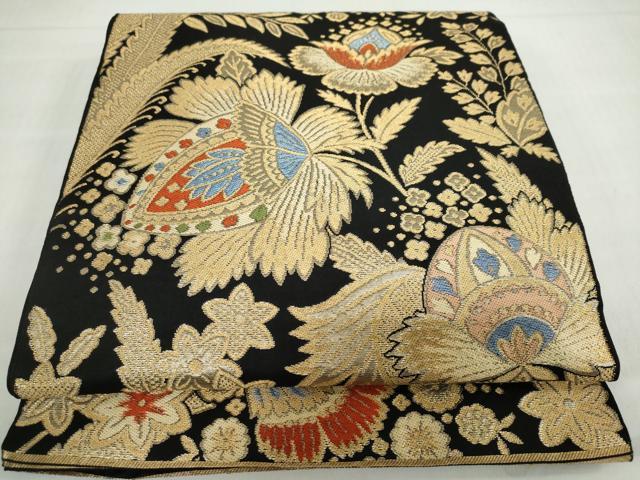 平和屋着物◎六通柄 本袋帯 洋花文 黒地 金糸 正絹 逸品 DABF1007ud