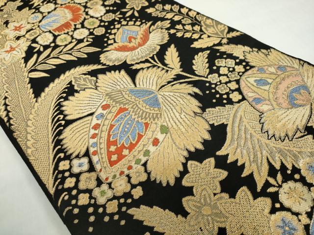 平和屋着物◎六通柄 本袋帯 洋花文 黒地 金糸 正絹 逸品 DABF1007ud