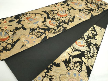 平和屋着物◎六通柄 本袋帯 洋花文 黒地 金糸 正絹 逸品 DABF1007ud