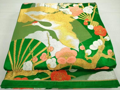 平和屋着物◎六通柄袋帯　唐織　扇面飛鶴枝梅文　金銀糸　正絹　逸品　DABF1010ud