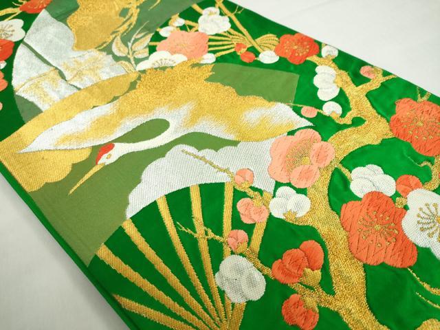 平和屋着物◎六通柄袋帯　唐織　扇面飛鶴枝梅文　金銀糸　正絹　逸品　DABF1010ud