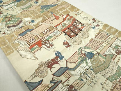 平和屋着物◎六通柄袋帯 人物風景文 金糸 正絹 逸品 DABF1011ud